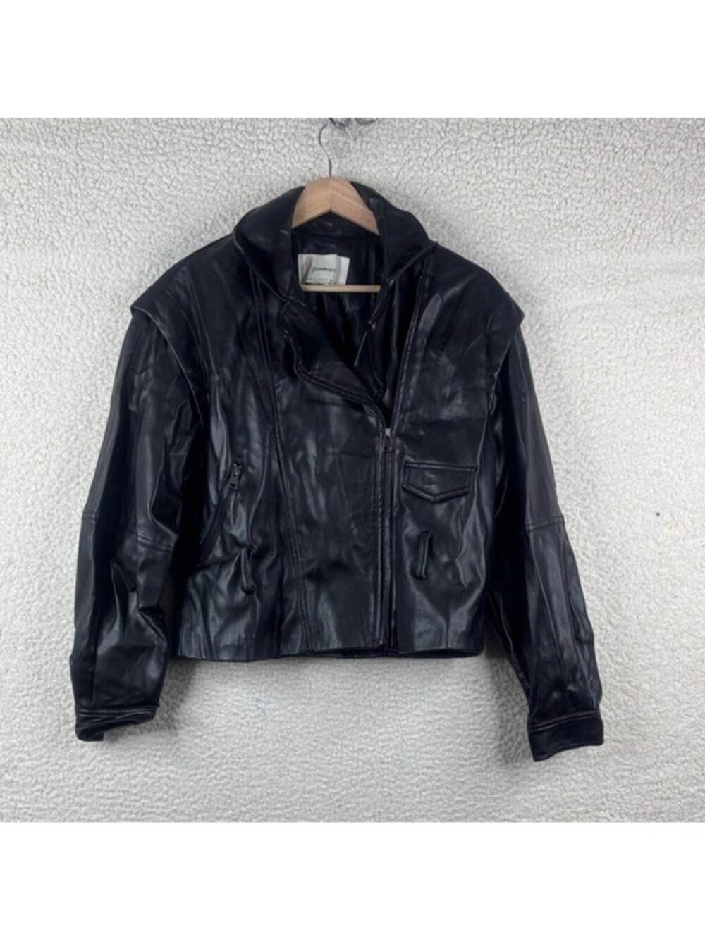 Stradivarius Womens Black Faux Leather Full-Zip Oversized Biker Jacket S SMALL